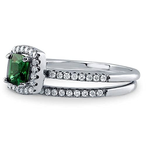 BERRICLE Sterling Silver Halo Wedding Engagement Rings Simulated Emerald Cushion Cut Cubic Zirconia CZ Ring Set for Women, Rhodium Plated3