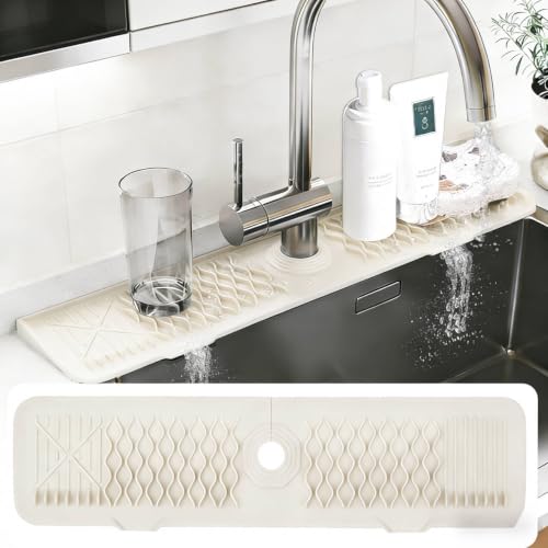 Image of EBIGIC 24 Inch Silicone Faucet Mat for Kitchen Sink, 7 Slope Fast Self-Draining Sink Splash Guard, Kitchen Sink Water Catcher Organizer, Kitchen Sink Accessories (off-white, 24''x5.6'')