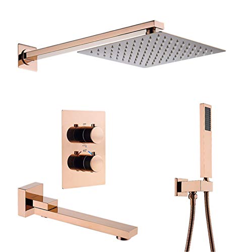 Grifo Mezclador termostático para Ducha con caño de bañera, Grifo de Ducha Tipo Cascada con válvula preinstalada, Ducha de Mano y Cabezal de Ducha de 8-12 Pulgadas, Montaje en Pared.