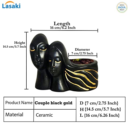 Image of Lasaki Couple Black Gold Ceramic Flower Pot for Indoor & Outdoor Plants | Decorative Balcony, Garden, Home & Office Succulent Pot | Designer Gamla Plant Holder (16cm X 10cm X 14.5cm)
