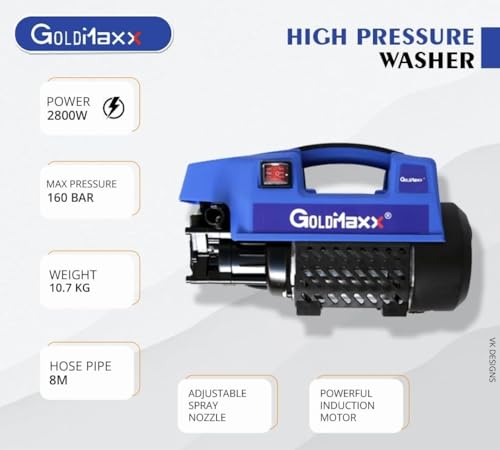 Image of GoldMaxx High Pressure Car Washer Machine 2800 Watts, Copper Winding, 160 Bar, 10L /Min Flow, 8 Meters Outlet Hose, High Power Portable Machine with Accessories for Cleaning Cars, Bike, Home & Garden