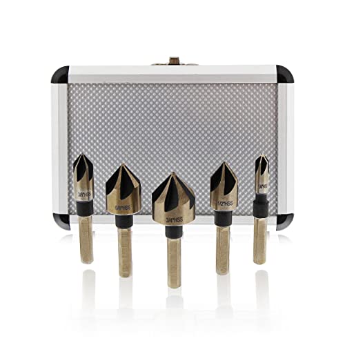 Abn Screw Countersink Kit 5-Piece Sae Drill Bit Set, 82-Degree, 1/4In Shank, 5 Flute – Metal, Wood, Rubber, Plastic #TOP21