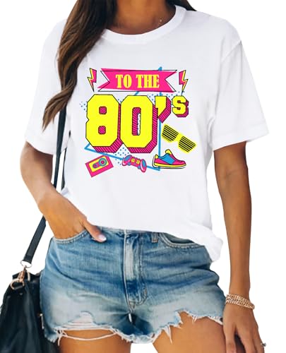 Cutesong Vintage 80s Shirts for Women Retro 1980 Party Outfits Vibrant Retro to The 80s Print tee top White