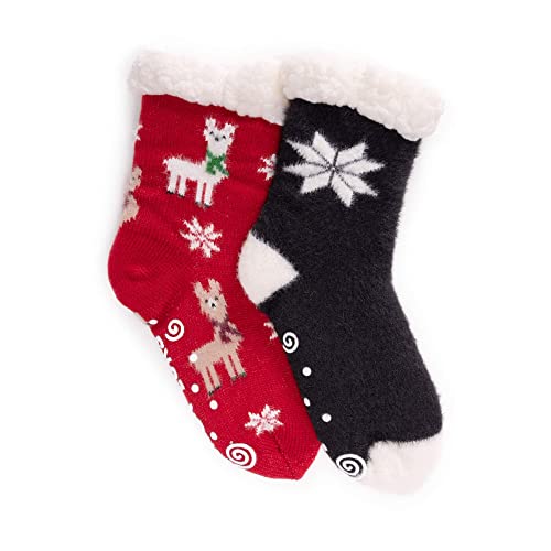 Muk Luks Women's Cabin Cozy Sock, 2 Pair, Red Llama, Black Star2