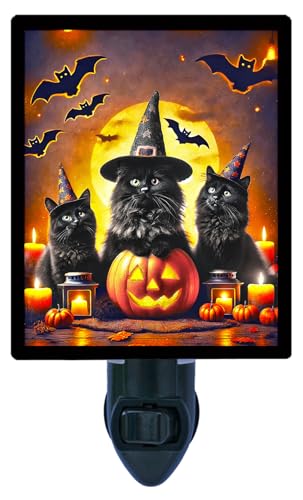 Lámpara de Noche Gatos Negros Halloween, Enchufe Giratorio