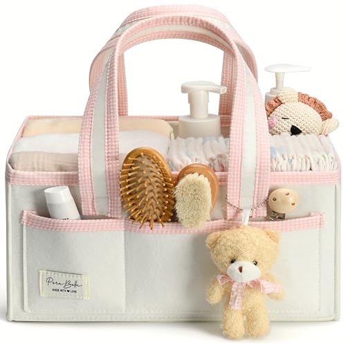 Image of PeraBella Diaper Caddy Organizer with Handle, Baby Shower Gifts Basket Bag, Registry Search Must Haves Items, Nursery Storage Organizer for Newborn Girl Boy, Baby Bag Essentials, Car Diaper Caddy Cart