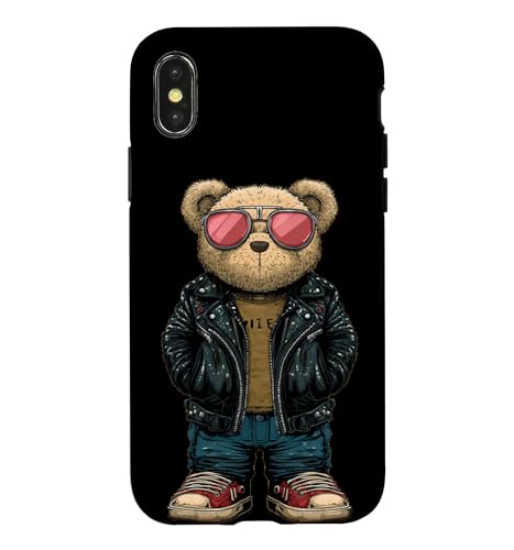 Bad Teddy Bear Look in Black Leather Jacket �R�X�`���[�� �X�}�z�P�[�X iPhone X/XS �p
