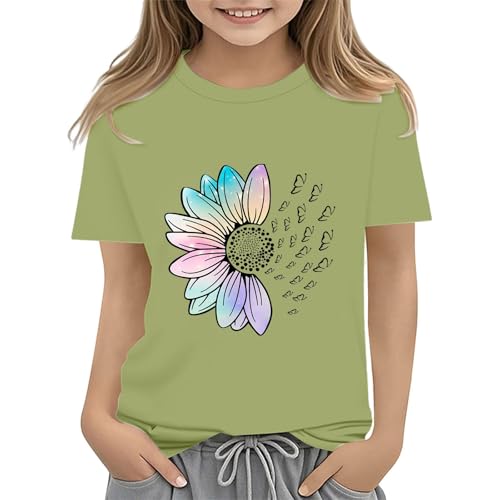 Girls Loose Fit Sunflower Graphic T Shirts Short Sleeve Crewneck Cute Pattern Printed Tops (A-Mint Green, 2-3 Years)