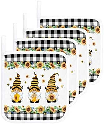 Bee Gnome Sunflower Pot Holder Set of 4,Black Plaid Potholder Heat Proof Non-Slip Pot Holders,Hot Pads Potholders for Kitchen Cooking Baking BBQ
