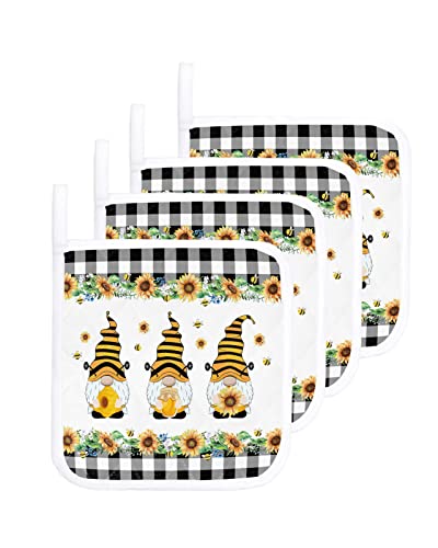 Bee Gnome Sunflower Pot Holder Set Of 4,Black Plaid Potholder Heat Proof Non-Slip Pot Holders,Hot Pads Potholders For Kitchen Cooking Baking Bbq #TOP7