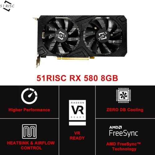 Image of 51RISC Radeon RX 580 8GB pci e x16 Graphics Card, GDDR5 256Bit 2048SP VR Ready Displayport HDMI Video Card For Gaming (RX 580 8GB)