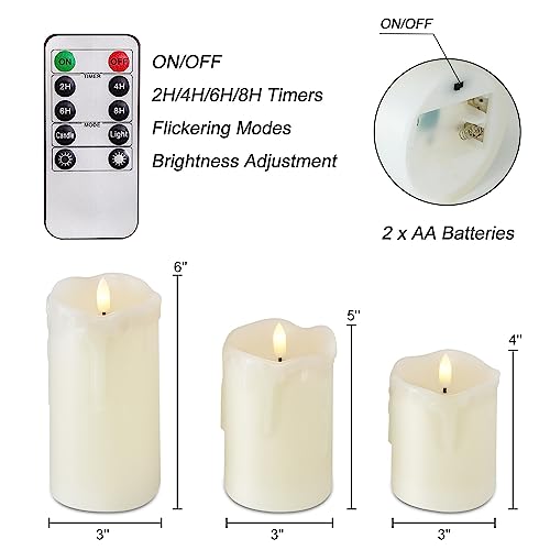 Image of Homemory Dripping Wax Flameless LED Pillar Candles, Battery Operated with Remote Control and Timer, Set of 3, 5 inch H x 4 inch W x 6 inch D