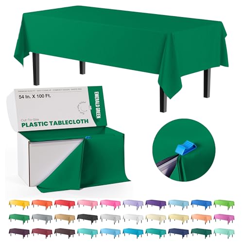 Image of Exquisite Party Solids 54 Inch X 100 Feet Emerald Green Plastic Table Cover Roll in A Cut - to - Size Box with Convenient Slide Cutter. Cuts Up to 12 Rectangle 8 Feet Plastic Disposable Tablecloths