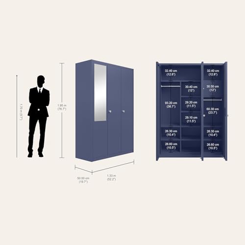 Image of Interio by Godrej Etna 3-Door Steel Almirah with Mirror (Textured Phiroja Blue), 1-Year Warranty, 1 Locker, 10 Shelves