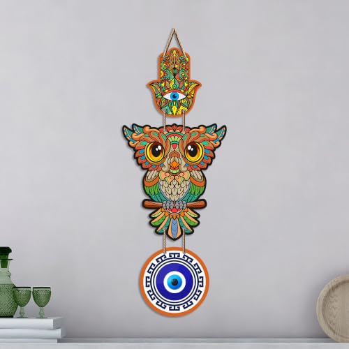 Image of Artvibes Colorful Owl Evil Eye Wall Hanging for Home Entrance | Lucky Owl Nazar Battu MDF Hanging Decor | Vastu Decorative Wall Art for Living Room | Bedroom | Office & Balcony | Gift Item (WH 8526N)