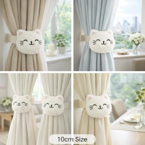 Image of Cute Cat Curtain Tieback Soft Plush | Decorative Cartoon Curtain Holder 10 cm | Elastic Tie Back for Kids Bedroom, Nursery & Living Room | Set of 6