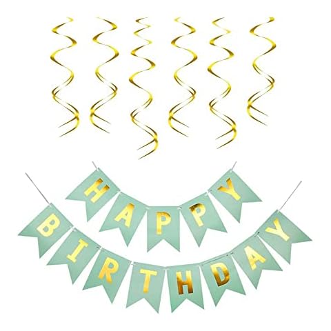 Happy Birthday Banner,Grass Green Banner&Gold Hanging Swirls, Spiral Streamers Decoration,Spiral Streamers Hang Decoration Cover