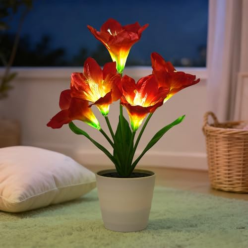 Image of Artificial Red Amaryllis Flower Lamp Night Light for Bedroom Bar Coffee Shop Wedding Decor, Gifts for Women Mom Daughter Grandma Aunt Girlfriend Friend Birthday Christmas Valentines Mothers Day