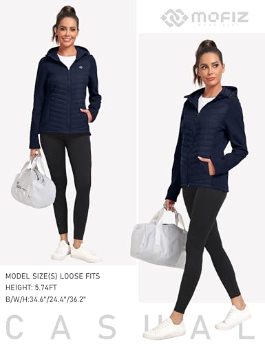 Image of MoFiz Womens Fleece Lined Softshell Jacket Hooded Lightweight Insulated Puffer Hybrid Down Jacket Full Zip Running Coat