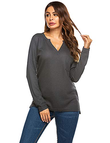 Qearal Women's Fall Long Sleeve Side Slit Loose Casual Pullover Tunic Tops Grey L