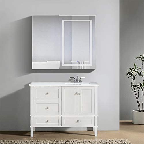 Krugg LED Medicine Cabinet 42 Inch X 36 Inch | Recessed or Surface Mount Mirror Cabinet w/Dimmer & Defogger + 3X Makeup Mirror Inside & Outlet + USB (Right Side Light)