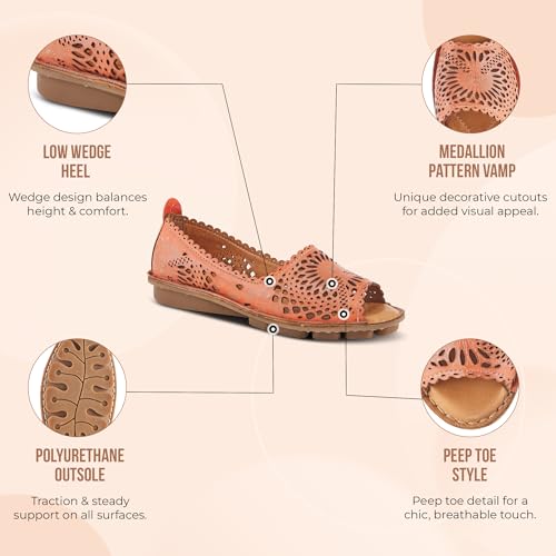 L'Artiste Women's OSUNA Hook-and-Loop Leather Sandals β Floral Cork Design, Adjustable Straps, Cushioned Demi-Wedge Sole 5