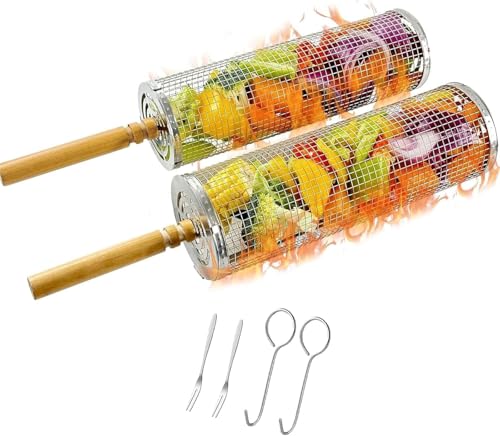Pagotho Lot de 2 Ensemble de Paniers à Barbecue Emboîtables, Poignées Bois Amovibles, Acier Inoxydable 304, Idéal Légumes, Crevettes, Poisson et Viande,...