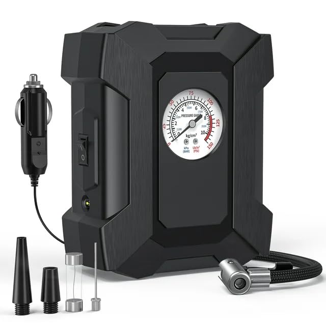 Heavy Duty Electric Car Air Compressor - 12V DC Portable Tyre Inflator With LED Light - Analogue Air...