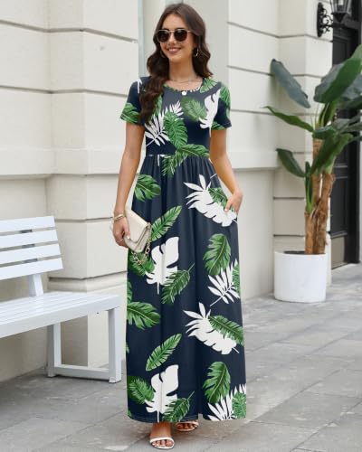 Image of COSSEN Women's Crew Neck Short Sleeve Maxi Dress with Pockets Casual Loose Swing for Wedding Guest Beach Vacation