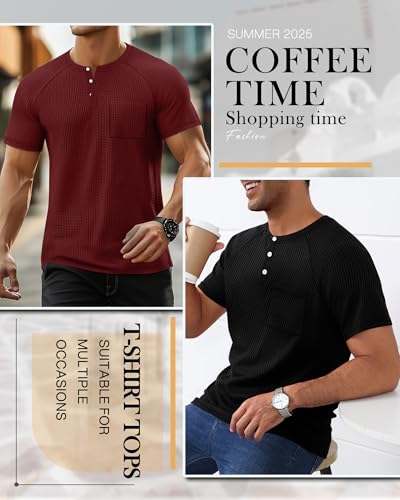 3 Pack Men's Waffle Knit Shirts Raglan Short Sleeve T Shirts with Pocket Casual Tops4