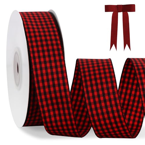 TONIFUL 1 Inch x 25 Yards Black Red Gingham Buffalo Ribbon Plaid Checkered Ribbon for Gift Wrapping, Hair Bows Making, Floral Bouquet, Crafts, Easter Valentine's Day Baby Shower Birthday Christmas