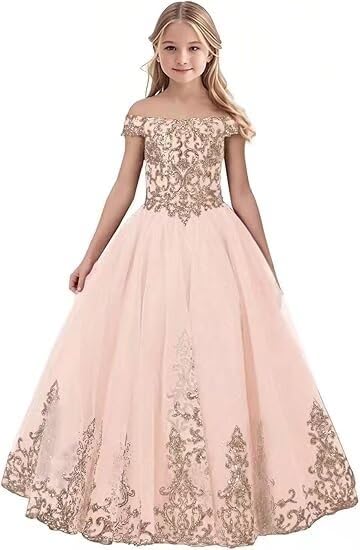 Tulle Flower Girl Dress Off Shoulder Pageant Dresses Sparkly Appliques First Communion Dress for Girls Ball Gowns
