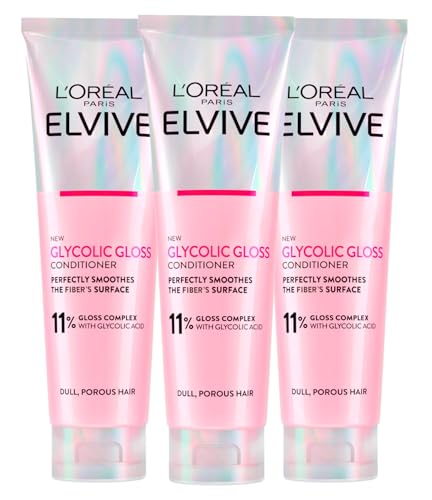L'Oréal Paris Elvive Glycolic Gloss Acondicionador con ácido glicólico para cabello apagado y poroso, brillo intenso y duradero, 3 unidades de 150 ml