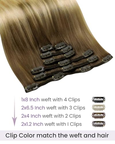 Image of LaaVoo Human Hair Clip In Extensions, For Date Night, 16 Inch | Blonde Ends Ombre Starting From Light Brown Roots, 120g 7pcs, Hair Extensions Clip Ins, Smooth, Natural Shine