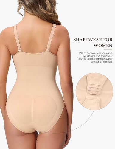 Image of Shapewear Bodysuits with Built in Bra Tummy Control Body Shaper | V Neck Wide Straps Compression Cami Faja Body Shaper with Crotch Hooks