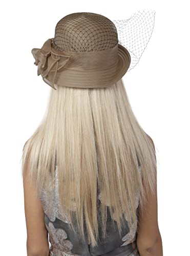 Carnavalife Sombrero de Organza Floral y Velo para Mujer, Años 20 y 50 Vintage Retro Formal Kentucky Derby para IR de Boda Invitada, Madrina, Fiesta de Té, Iglesia, Comunión, Talla Única (Beige)
