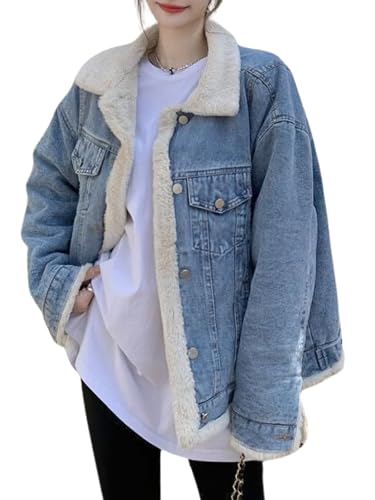 chouyatou Women's Reversible Warm Sherpa Notched Collar Jean Jacket Faux Fur Denim Coat Trucker Jacket