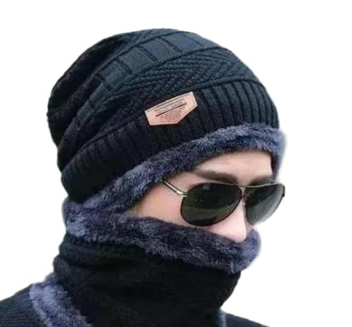 Unisex Winter Knit Beanie Cap Hat Neck Warmer Scarf (Pack of 1)(Black) LAD-HP578-picture-15