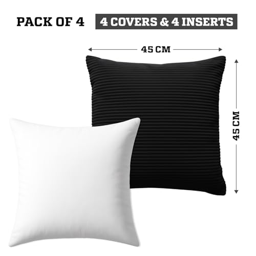 AMEHA Stripe Black Cushions with Covers included 45 x 45 cm Pack of 4 (4 Covers, 4 Inserts) Decorative Square Throw Pillowcases for Couch Bedroom Sofa with Invisible Zipper 18x18 inches