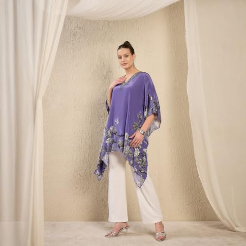 Image of First Resort Light Purple Embellished Floral Kaftan Top