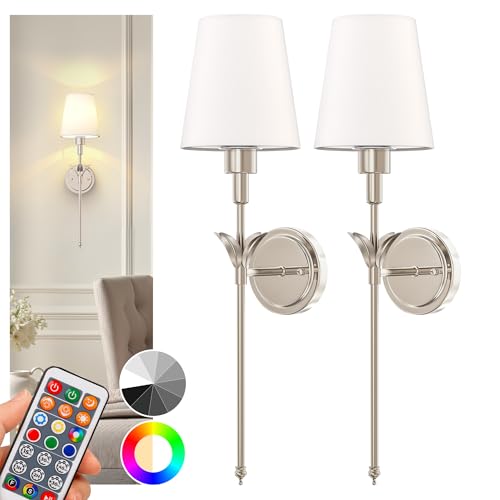 Image of DORESshop Battery Operated Wall Sconce Set of 2, Wireless Wall Light Easy to Install, 7 Color Rechargeable Wall Sconces, Sconce Wall Decor Set of 2 for Bedroom, Living Room, Silver, 24.3in