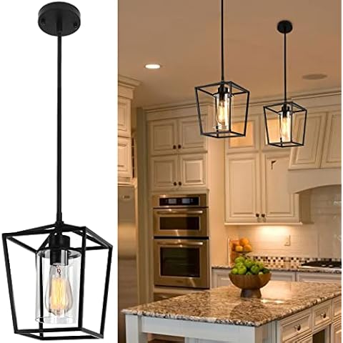 PAKOKULA Black Pendant Light Fixture 1-Light Farmhouse Lantern Pendant Light Iron Cage Hanging Light with Clear Glass Shade for Kitchen Island Entryway Dining Room Hallway Porch Cover