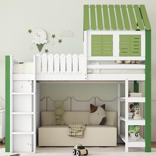 ZYLOYAL10 Etagenbett mit Handlauf und Fenster, Hausbett, Kinderbett mit Fallschutz und Gitter, Rahmen aus Holz (90x200cm) (Weiß+Grün) ZYLOYAL10 Etagenbett mit Handlauf und Fenster, Hausbett, Kinderbett mit Fallschutz und Gitter, Rahmen aus Holz (90x200cm) (Weiß+Grün)