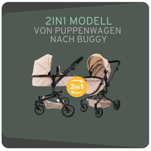 Bandits & Angels Puppenwagen Beige Modern Angel 2in1 Sand ab 3 Jahren – Puppenbuggy – Für Mädchen – Verstellbarer Schieber 48-81 cm – Komplett zusammenklappbar – Mit Einkaufskorb – Bild 5
