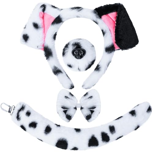 XEPST Ensemble de Costumes Dalmatiens, Oreilles et Queue de Chien avec Bandeau d'Oreilles Dalmatiennes et Queue de Chien pour Costume d'animal Cosplay Anniversaire...