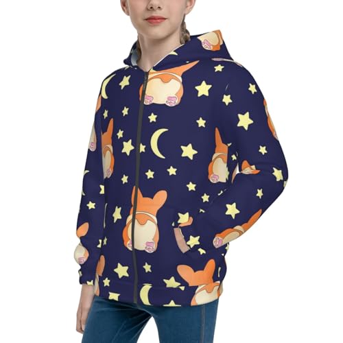 Corgi Lying With Moons And Stars Kids Pullover Hoodies Boys Zip Up Sweatshirts Girls Athletic Clothes with Pocket