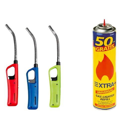 Pack 3 Encendedores de Gas Flexibles Multiusos, Cuello Largo Articulable, Recargables, Resistentes al Viento, con Botella de Recarga, para Velas, Fogones y BBQ
