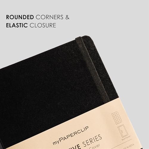 Image of myPAPERCLIP Executive Series A5 Squared Notebook | Hardcover, 80 GSM, 192 Pages | Bookmark, Elastic Band, Back Pocket | Flat Lay Design | Black