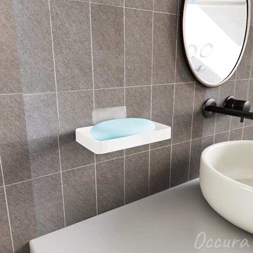 Image of Stickable Soap Holder Pack of 4 | Wall Mounted Dish | Self adhesive bathroom organizer without drill. Plastic soap stand set for family multipack home storage. Sink or kitchen.