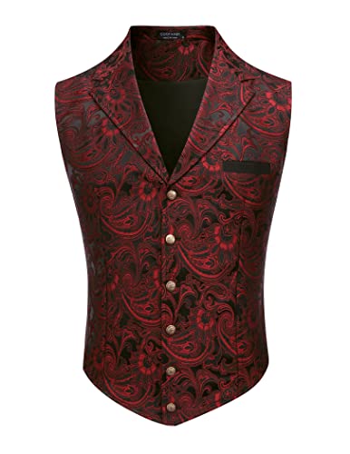 Coofandy Mens Suit Vest Red/Black Paisley Floral Tuxedo Vest Formal Waistcoat Steampunk Vest With Single Breasted Wine Red, Xx-Large #TOP1